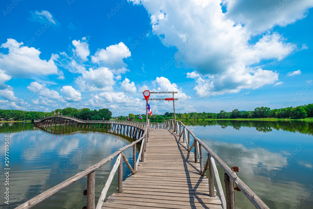 Wood bridge cross the river and blusky with cloud  in Chumphon province.
