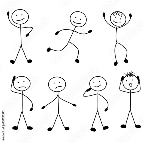 stick man with different poses of standing, running, jumping, thinking, walking