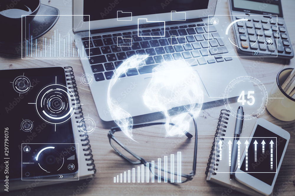 Forex market graph hologram and personal computer on background. Multi exposure. Concept of investment. Forex market graph hologram and personal computer on background. Multi exposure. Concept of investment.
