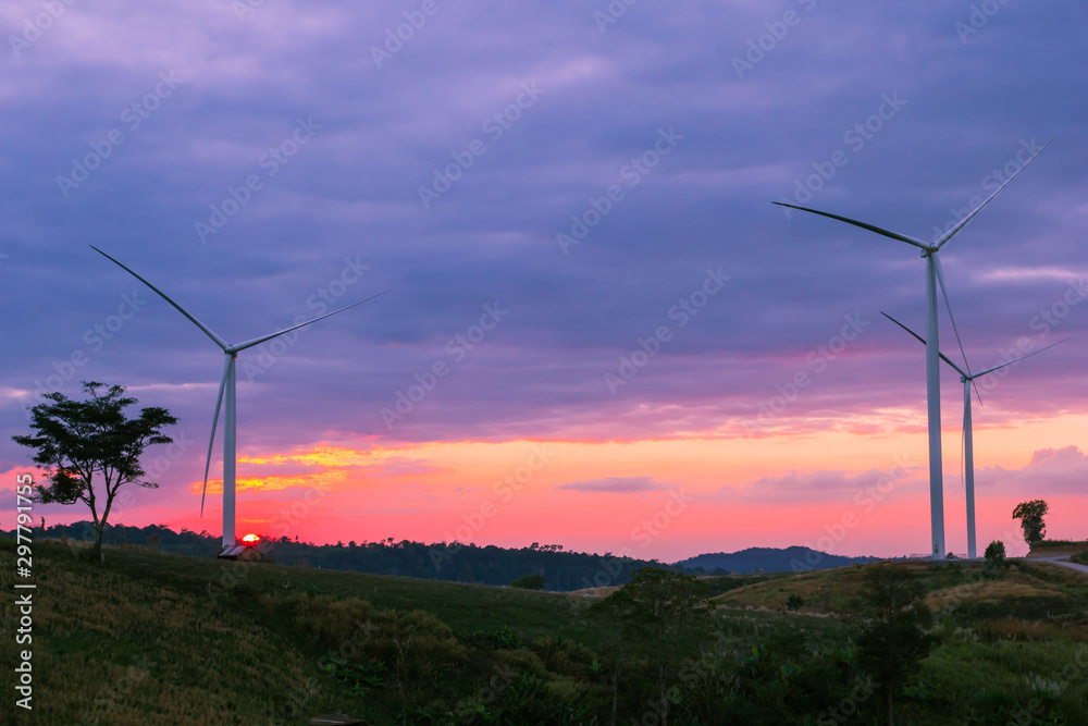 Obraz premium Turbine wind power Scenic and landscape area agriculture at twilight time Located in the Khao Kho district, Phetchabun province of Thailand