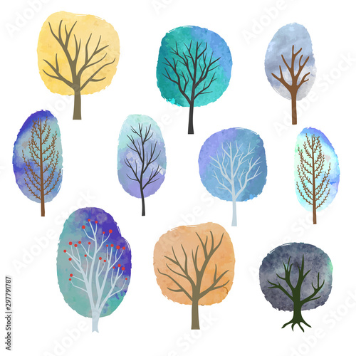 Set of abstract watercolor winter trees. Vector illustration.