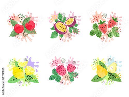 Fruit juice splash vector set. Watercolor illustration of cherry, pear, strawberry, raspberry and lemon fresh juice.