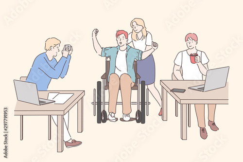 Disabled person working at office concept. Young girl with man on wheelchair, male colleagues sitting at table, working with laptops and drinking coffee at workplace. Simple flat vector