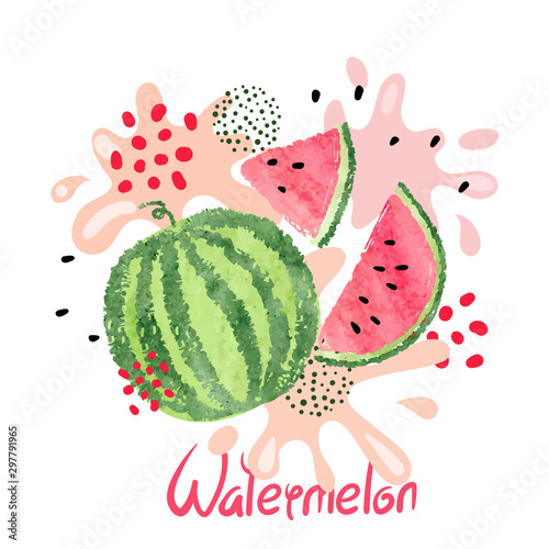 Watercolor watermelon juice vector illustration. Abstract juicy splash.