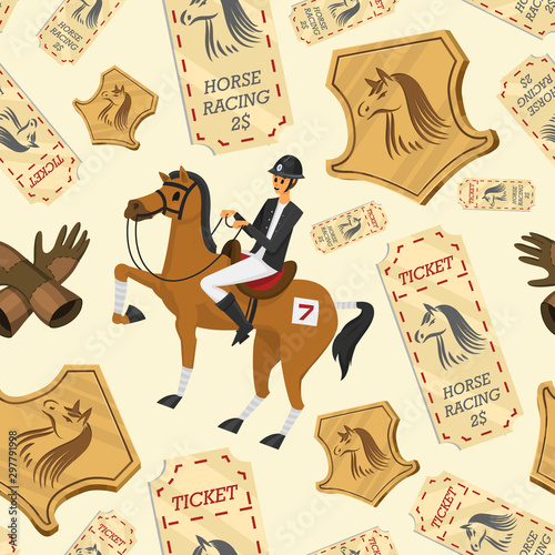 Horse racing seamless pattern. Horseback riding. Activity Jockey club. Equipments for Equestrian Sport poster. Accessories horseshoe, whip, horse saddle, hippodrome, equine bridle for dressage