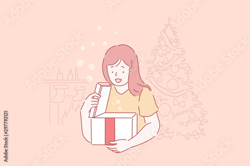 Excited little child with surprise, kid getting New Year gift concept. Happy girl unpacking festive present, Christmas holiday celebration, winter season tradition. Simple flat vector