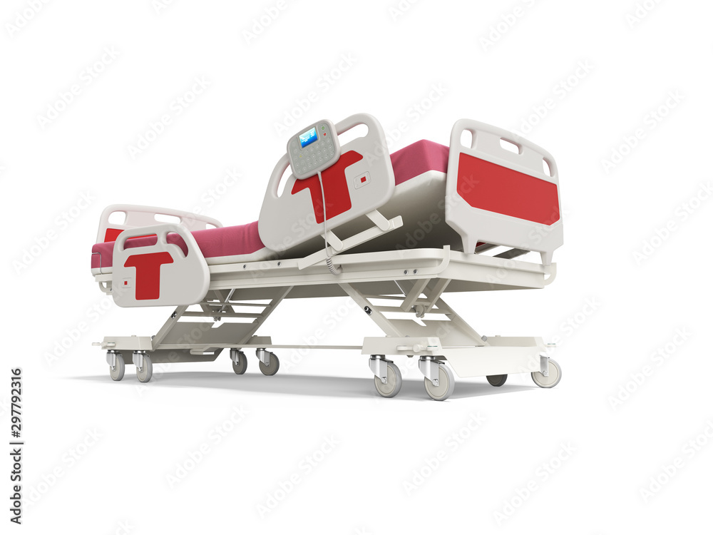 Modern red hospital bed with lifting mechanism on the control panel 3d render on white background with shadow