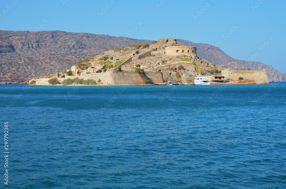 The fortress island of Spinalonga, Crete, last leper colony. Elounda side view.