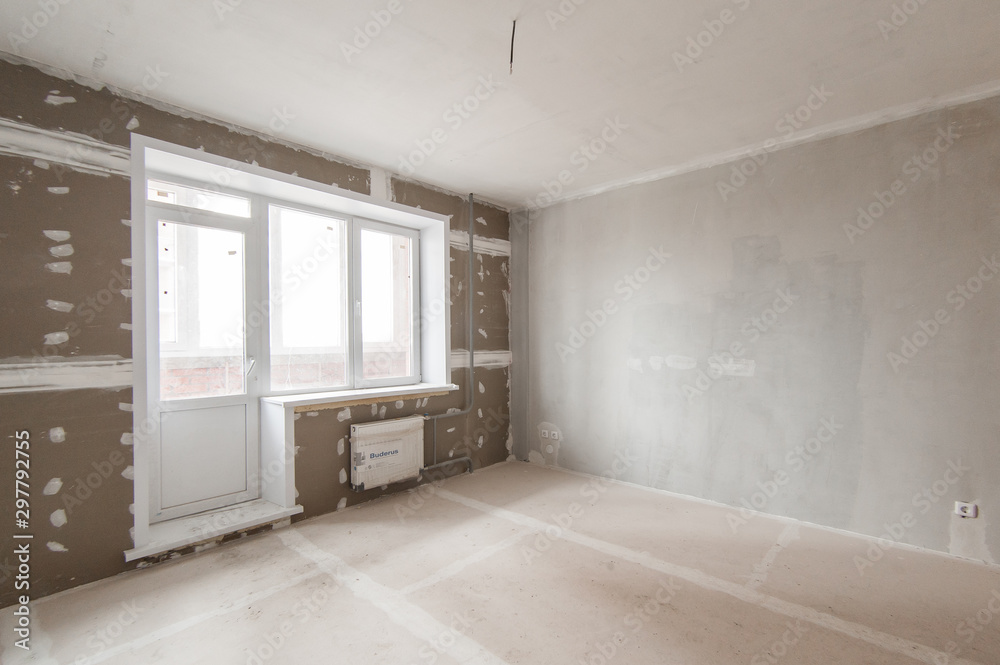 Russia, Moscow- May 29, 2019: interior room apartment. rough repair for self-finishing. finishing stage of construction Russia, Moscow- May 29, 2019: interior room apartment. rough repair for self-finishing. finishing stage of construction