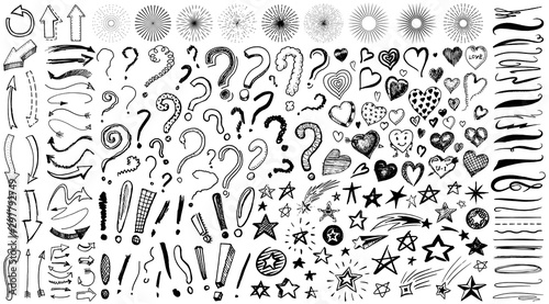 Question exclamation mark  underline and hearts  Star and Marker Brush  artistic lines and strokes. Collection of icons and signs Why. Hand drawn Doodle sketch. Abstract Chaotic grunge Elements.