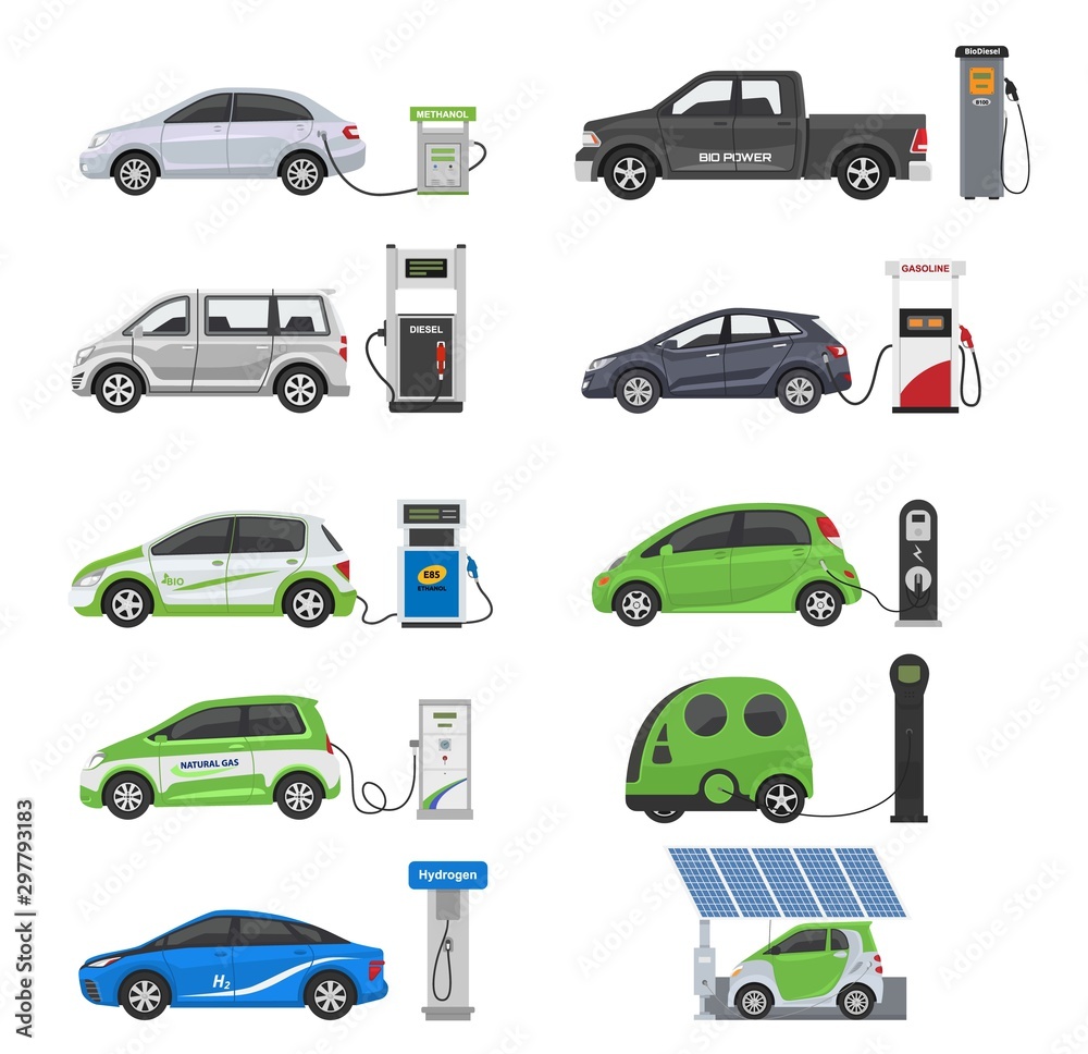 Fuel alternative vehicle vector team-car or gas-truck and solar-van or gasoline electricity station illustration set of bio-ethanol and hydrogen electric-car isolated on white background