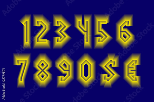 Radiant numbers and currency signs with yellow neon glow.