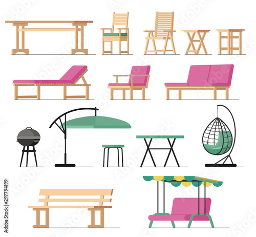 Garden furniture vector table chair seat charcoal-grill on terrace design outdoor in summer backyard outside illustration gardening relaxation set of furnished armchair isolated on white background