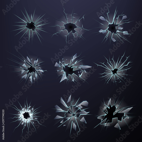 Broken glass vector realistic bullet holes in window shattered mirrow illustration set of cracked crushed glasses isolated on black background