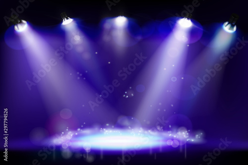 Stage illuminated by spotlights during the concert. Show light. Place for the exhibition. Abstract background. Vector illustration.