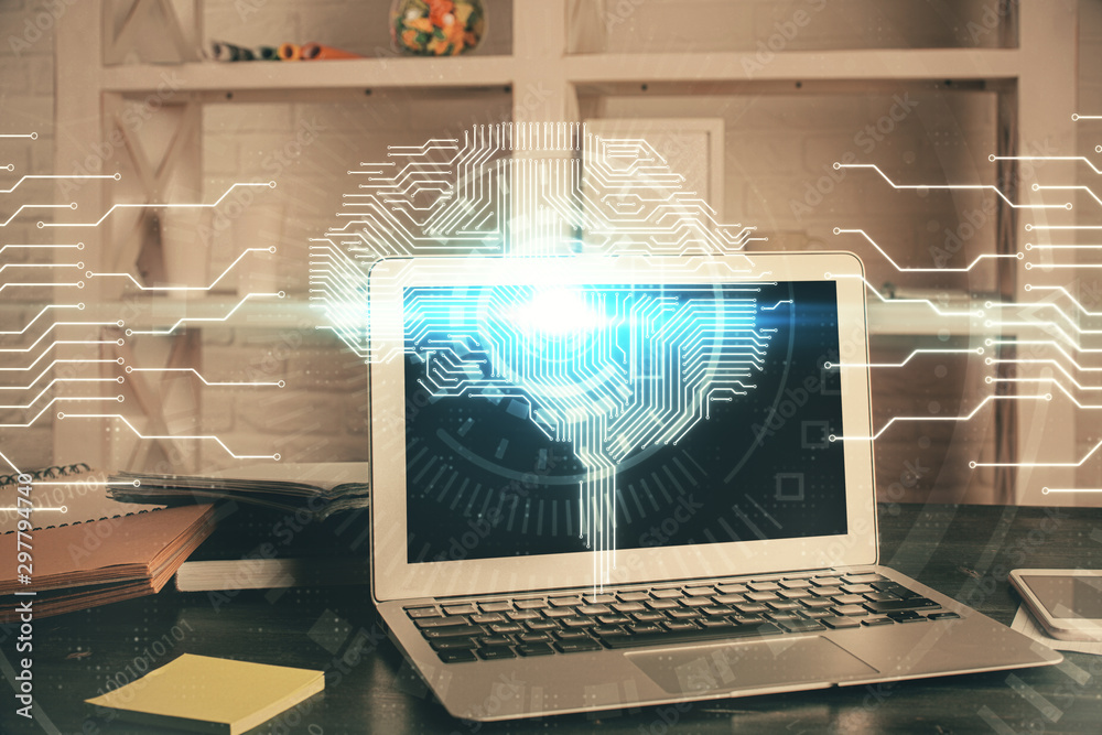 Double exposure of work table with computer and brain sketch hologram. Brainstorming concept. Double exposure of work table with computer and brain sketch hologram. Brainstorming concept.