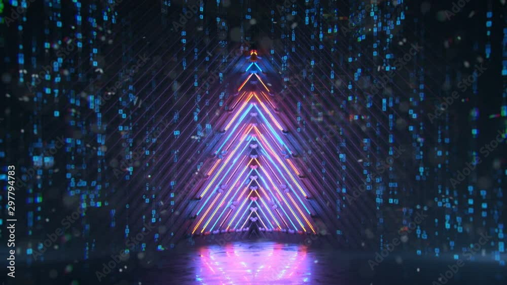 Neon christmas tree with digital glitch effect. Futuristic cyberpunk design. Seamless loop 3D render animation with DOF