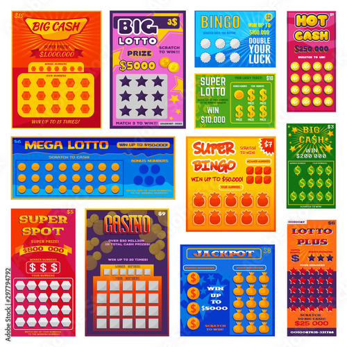 Lottery ticket vector lucky bingo card win chance lotto game jackpot ticketing set illustration lottery gaming tickets isolated on white background