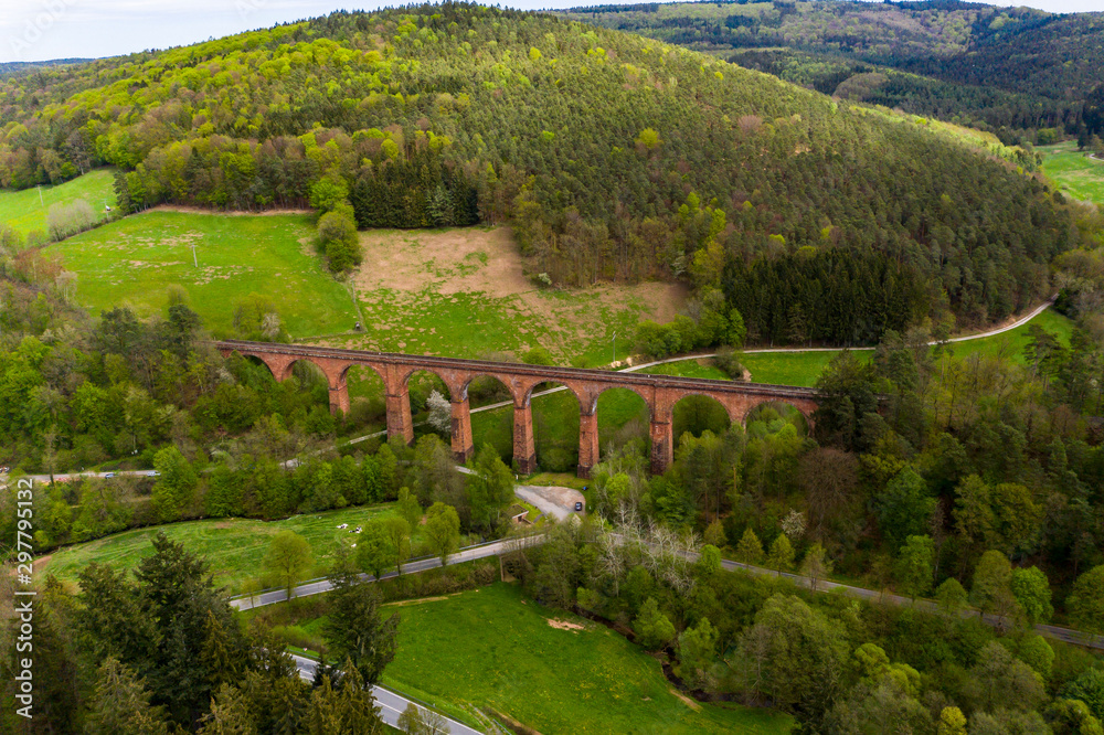Aerial view, stone arch bridge Himbächel Viaduct, Erbach - Hetzbach, Himbachel Valley, Odenwald, Hesse, Germany