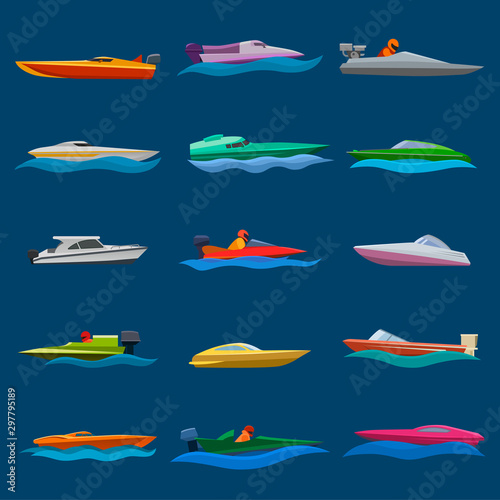 Boat vector speed motorboat yacht traveling in ocean illustration nautical set of summer vacation on motorized boat speedboat vessel transportation by sea waves isolated on background