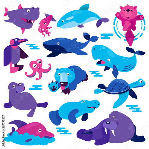 Ocean animal vector cartoon animalistic character whale penguin turtle and bear swimming underwater illustration set of aquatic octopus dolphin creature in wildlife isolated on white background