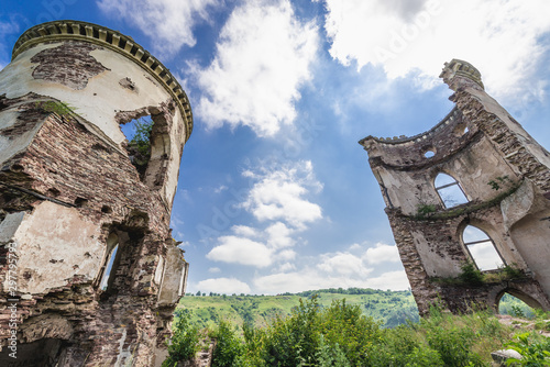 Abandoned ruins of Chervonohorod Castle over Dnister River Valley landscape park in Ukraine photo