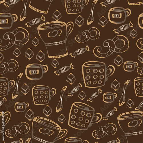 Tea with sweets.Seamless pattern, hand-drawn © Korinsky