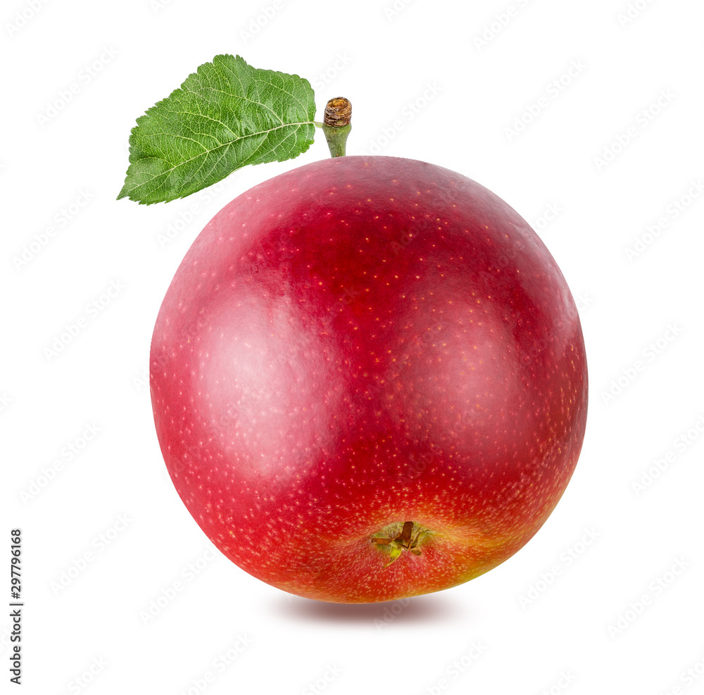 Fototapeta premium Red apple with leaf isolated on white background with clipping path