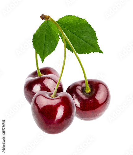 Cherryes with leaf isolated on white background with clipping path