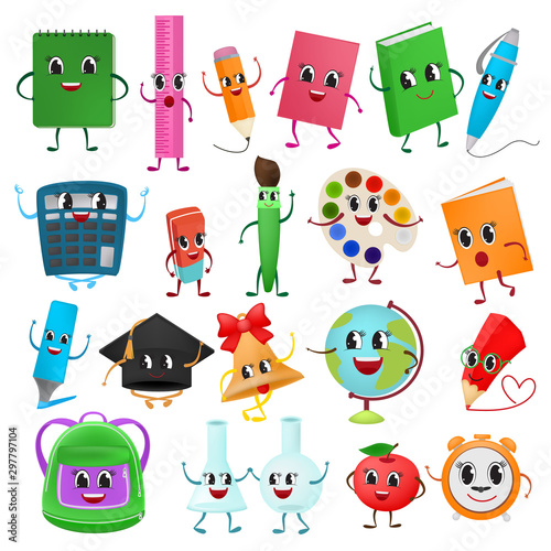 School supplies kawaii vector schooling tools emoticon pen colorful pencils markers and student accessories illustration set of office stationery notebook backpack emojji isolated on white background