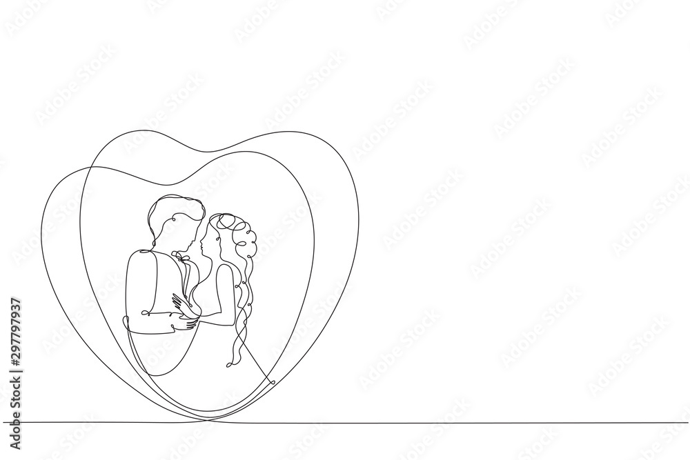Bride and groom. Couple in love. Wedding. A man and a woman look at each other. Drawing a continuous line. Valentine. Young people hugging Bride and groom. Couple in love. Wedding. A man and a woman look at each other. Drawing a continuous line. Valentine. Young people hugging