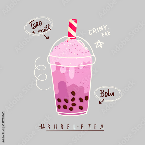 Taro Bubble tea. Milk tea with tapioca pearls. Boba tea. Asian Taiwanese drink. Hand drawn colored trendy vector illustration with text. Cartoon style. Flat design. Beverage recipe