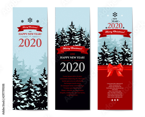 Set of Christmas vertical greeting cards in retro style with Christmas trees and lettering. Place for text. Vector illustration with hand drawn elements.