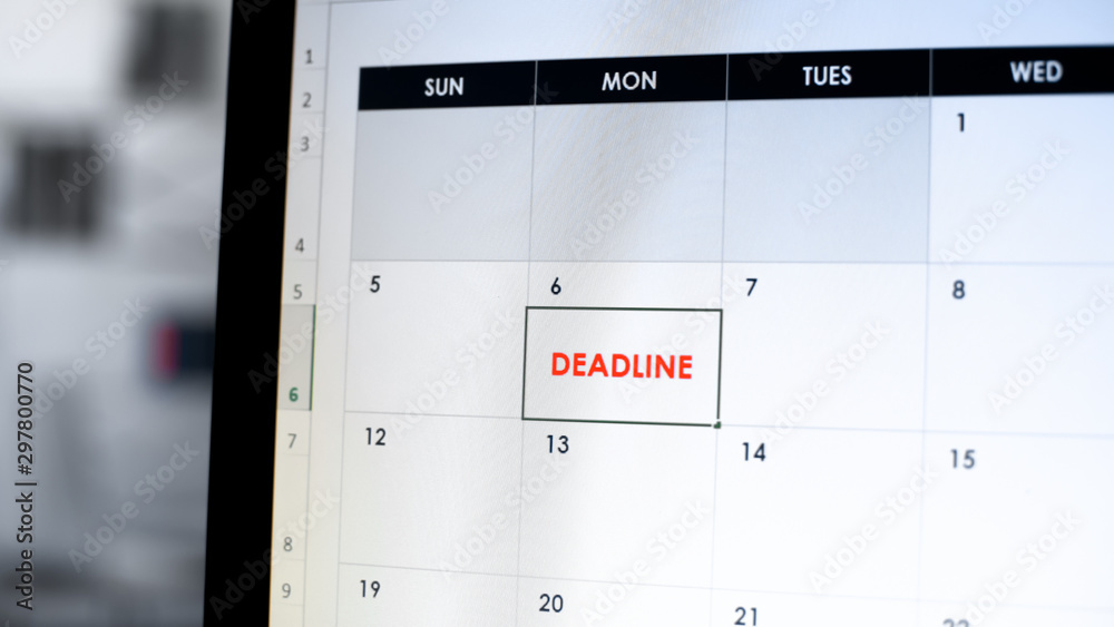 Deadline note in online calendar on pc screen, time management application Deadline note in online calendar on pc screen, time management application