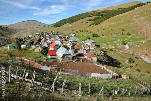 General view of Lukomir village, surrounded by  Bjelasnica mountains. Lukomir is Bosnia's highest village at 1469 meters and the most remote in the entire country, Bosnia and Herzegovina