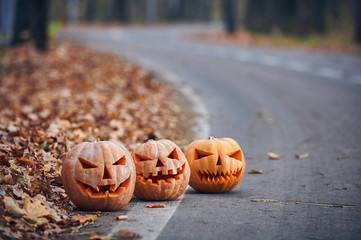 Three Halloween Pumpkins on the side of the road in the forest