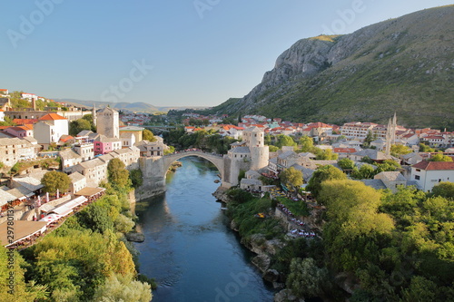 The city of Mostar viewed from Koski Mehmed Pasha Mosque, with the Old Bridge (Stari Most), the Neretva river and the medieval town, Mostar, Bosnia and Herzegovina
