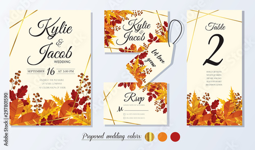 Wedding Invitation, menu, thank you, label, table number card. Leaves design autumn foliage collection oak, maple, chestnut and ash. Decorative frame print. Vector rustic greeting, invite postcard.