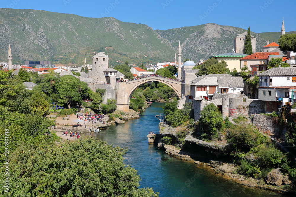 The city of Mostar viewed from Lucki most bridge, with the Old Bridge (Stari Most), the Neretva river and the medieval town, Mostar, Bosnia and Herzegovina
