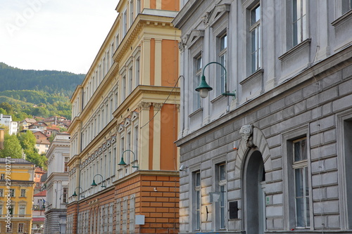 Austro-Hungarian architecture, located along Gimnazijska street, with colorful buildings and carvings, Sarajevo, Bosnia and Herzegovina