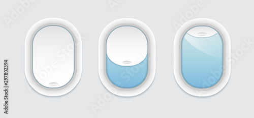Three airplane windows inside view. Vector porthole with transparent glass. Aircraft open and closed window template isolated.