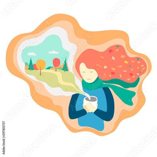 Hello autumn or Fall concept. red haired woman holding a cup of coffee, tea or cacao in her hand and dreaming about cozy autumnal nature. Vector Cozy hygge lifestyle illustration. abstract autumn card