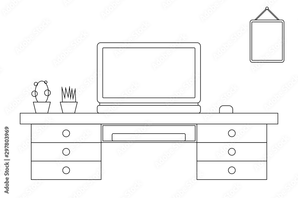 Contour of a standard workplace of a student and an office worker. A working computer desk with a laptop, flowers for air purification and a picture on the wall. The task for developing skills in work Contour of a standard workplace of a student and an office worker. A working computer desk with a laptop, flowers for air purification and a picture on the wall. The task for developing skills in work