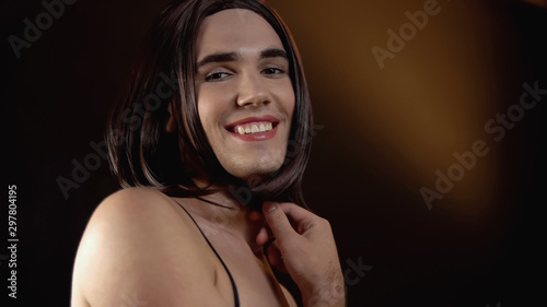 Obraz na płótnie Beautiful transgender in female outfit smiling at camera, lgbt society lifestyle