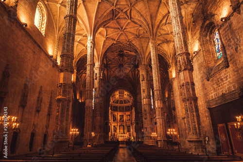 Santa Maria de Belem Church with carved columns and beautiful stone ceiling in Gothic style