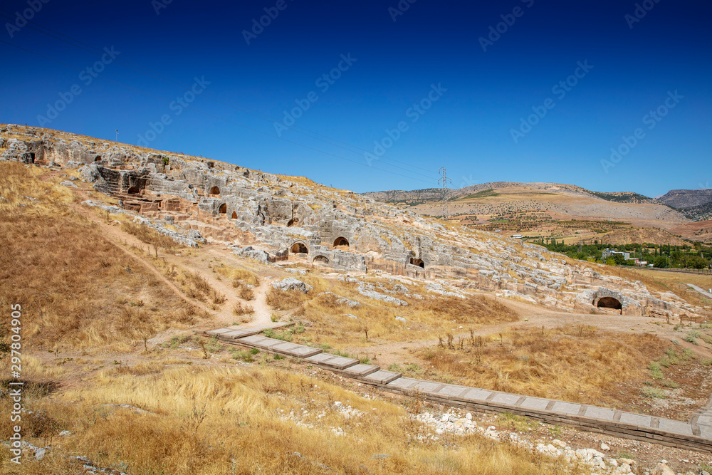 Aerial view of Pirin Ruins. Perre antik kenti, a small town of Commagene Kingdom later an important local center of the Roman Empire. Small town and necropolis. Adiyaman. Turkey