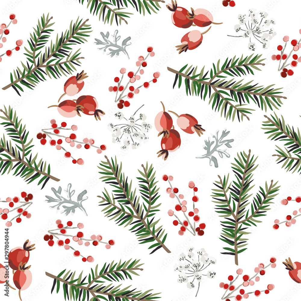 Christmas seamless pattern, red berries, green fir twigs, white background. Vector illustration. Nature design. Season greeting. Winter Xmas holidays - obrazy, fototapety, plakaty 
