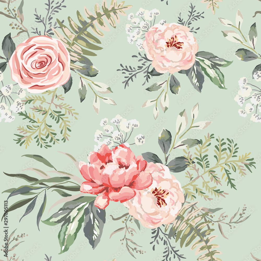 custom made wallpaper toronto digitalPink rose, peony flowers with leaves bouquets, green background. Floral illustration. Vector seamless pattern. Botanical design. Nature summer plants. Romantic wedding