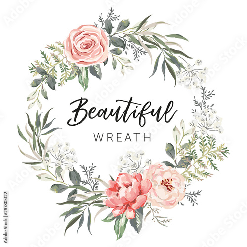 Floral wreath with text Beautiful. Pink flowers, forest green leaves, white background. Wedding invitation circle frame. Peony, rose. Vector illustration. Design template greeting card
