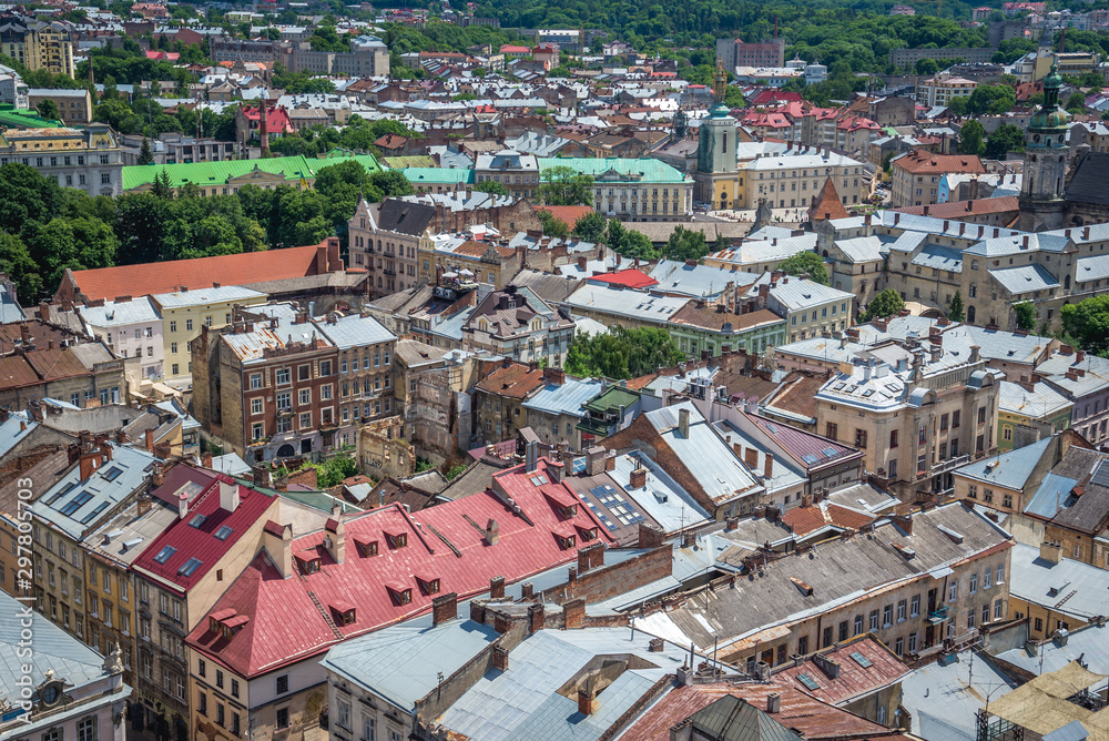 Lviv city - aerial view from a City Hall tower, Ukraine